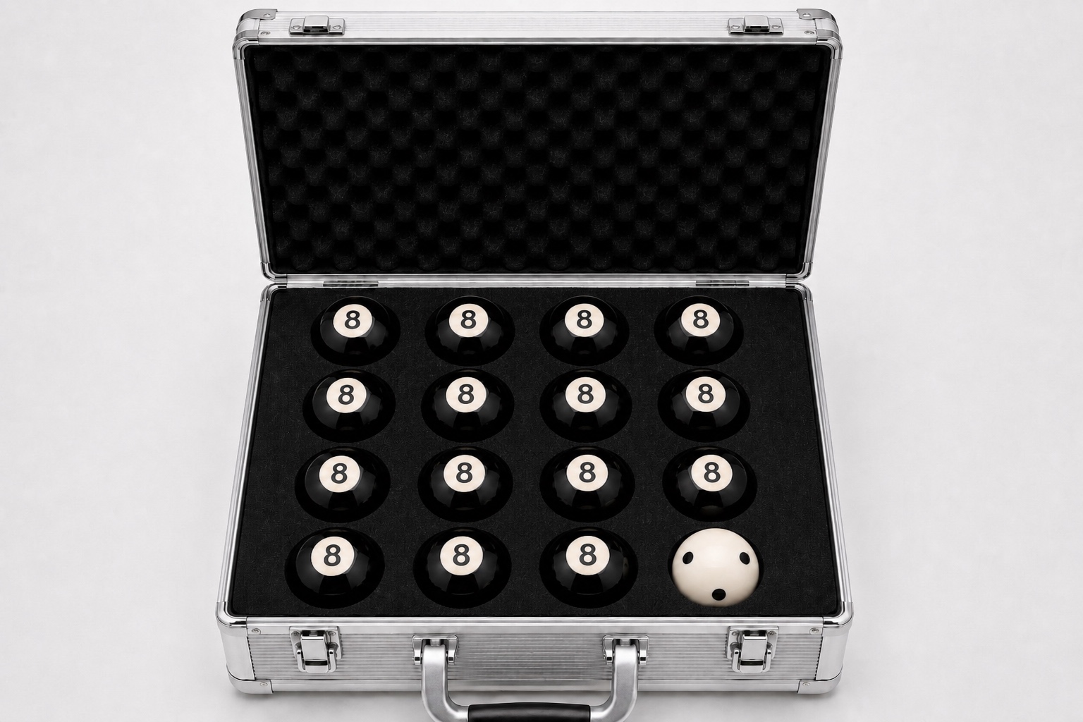 C8SE aluminum case open, fifteen black 8-balls in foam and a cream 3-dot cue ball